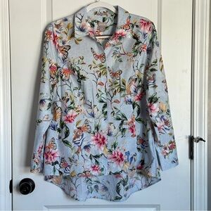 Chico's Blue Floral Button Down Top Wrinkle Resistant Size Large